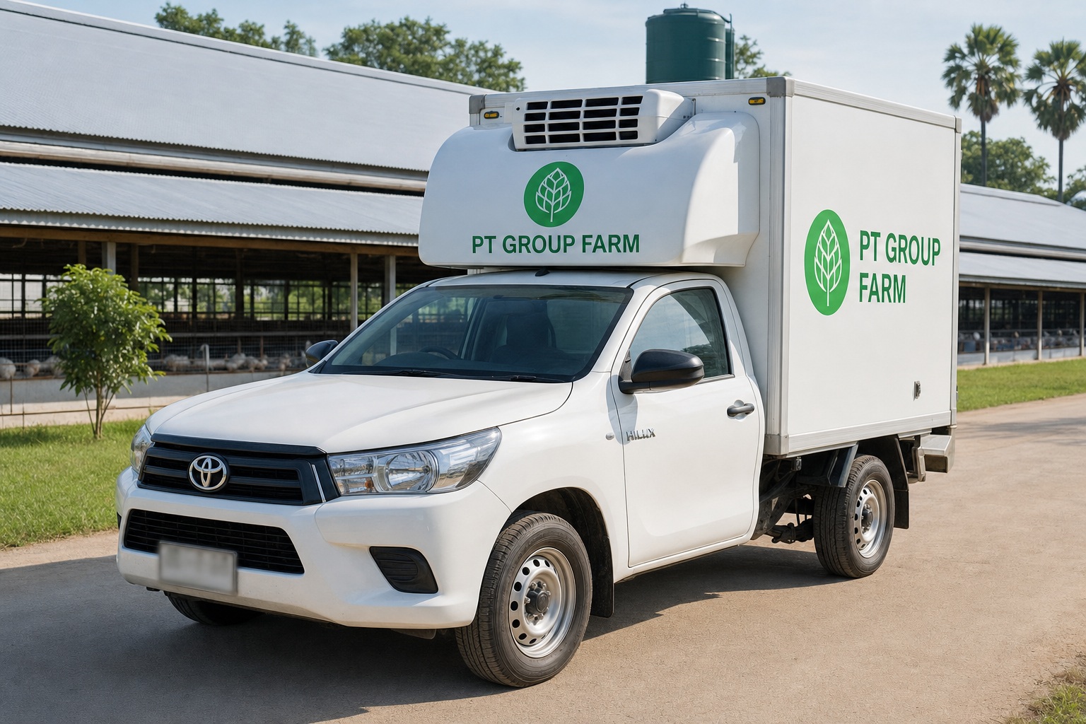 รถกระบะห้องเย็นแบรนด์ PT Group Farm บนถนนฟาร์ม